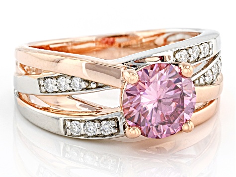 Pink and colorless moissanite 14k rose gold and  platineve over silver two tone ring 1.62ctw DEW