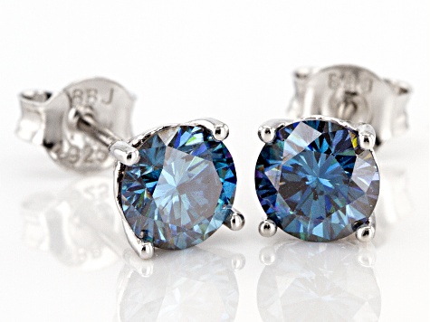 Blue moissanite platineve stud earrings 1.60ctw DEW.