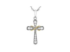 Moissanite platineve and 14k yellow gold over sterling silver cross pendant .38ctw DEW.