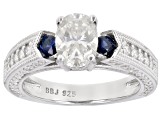 Moissanite and blue sapphire platineve engagement ring 2.26ctw DEW