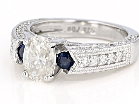 Moissanite and blue sapphire platineve engagement ring 2.26ctw DEW