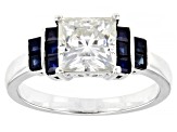 Moissanite and blue sapphire platineve engagement ring 2.10ct DEW
