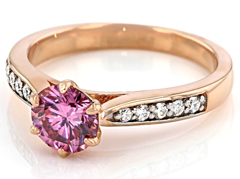 Pink and colorless moissanite 14k rose gold over sterling silver engagement ring 1.18ctw DEW