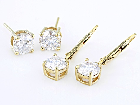 Moissanite 14K Yellow Gold Over Silver Set of 2 Pair Solitaire Earrings 4.00ctw DEW