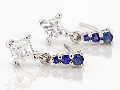 Moissanite and blue sapphire platineve earrings .82ctw DEW