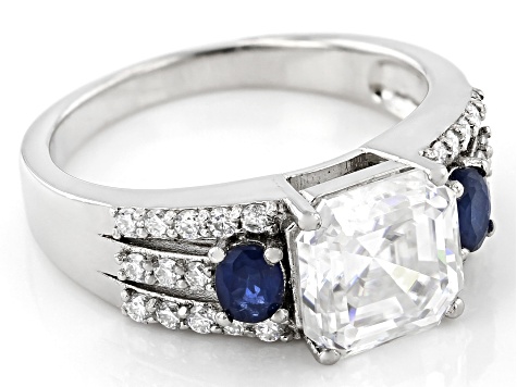 Moissanite and blue sapphire platineve ring 3.22ctw DEW