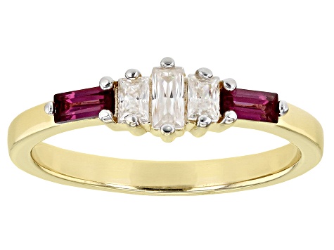 Moissanite and rhodolite 14k yellow gold over sterling silver ring .27ctw DEW