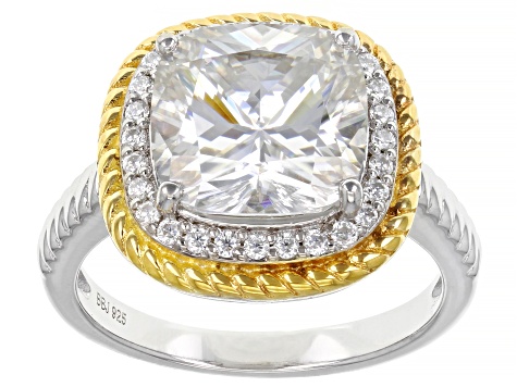 Moissanite platineve and 14k yellow gold over silver halo ring 5.30ctw DEW