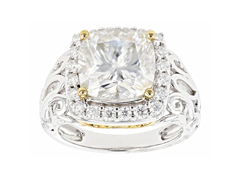 Candlelight and colorless moissanite platineve and 14k yellow gold over silver halo ring 5.62ctw DEW
