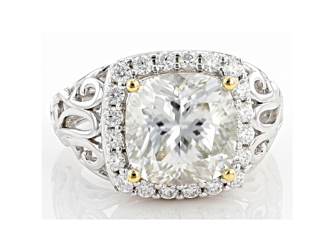 Candlelight and colorless moissanite platineve and 14k yellow gold over silver halo ring 5.62ctw DEW