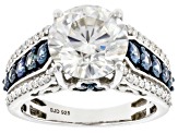 Moissanite and blue sapphire platineve ring 4.00ctw DEW