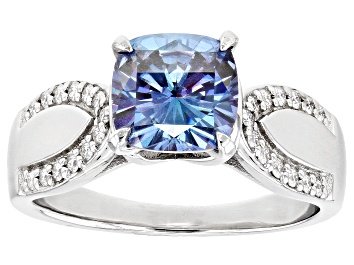Picture of Blue and Colorless Moissanite Platineve Engagement Ring 2.24ctw DEW.