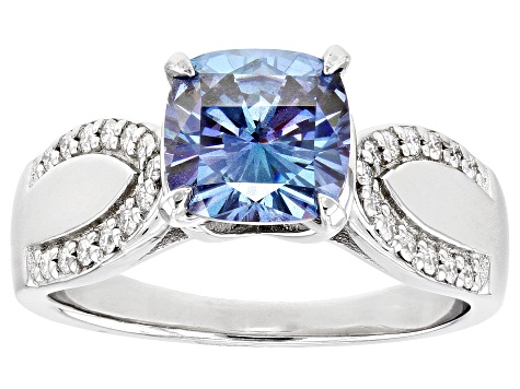 Blue and Colorless Moissanite Platineve Engagement Ring 2.24ctw DEW.