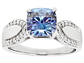 Blue and Colorless Moissanite Platineve Engagement Ring 2.24ctw DEW.