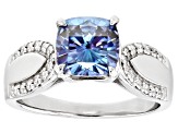 Blue and Colorless Moissanite Platineve Engagement Ring 2.24ctw DEW.