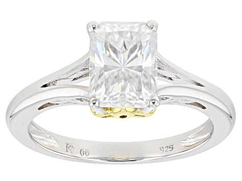 Moissanite platineve and 14k yellow gold over sterling silver ring 1.80ct DEW.
