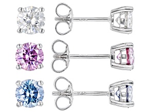Pink, Blue and Colorless Moissanite Platineve Set of Three Stud Earrings 3.60ctw DEW.