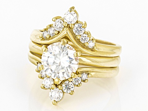 Moissanite 14k Yellow Gold Over Sterling Silver Ring With Set of Two Bands 2.54ctw DEW.