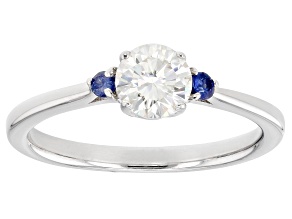 Moissanite and Blue Sapphire Platineve Promise Ring .60ct DEW
