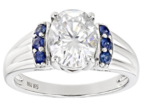 Moissanite and Blue Sapphire Platineve Ring 2.10ct DEW