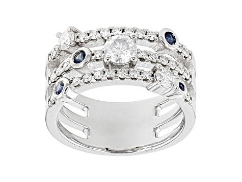 Moissanite and Blue Sapphire Platineve Ring .83ctw  DEW