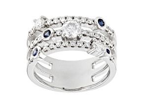 Moissanite and Blue Sapphire Platineve Ring .83ctw  DEW