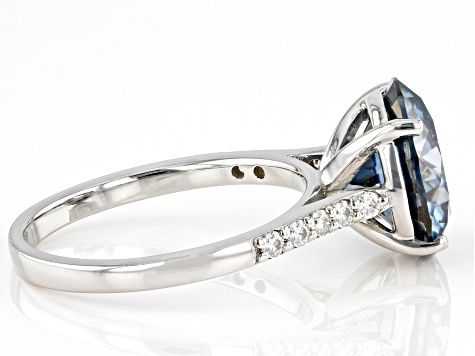 Blue and Colorless Moissanite Platineve Ring 4.95ctw DEW.