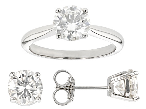 Moissanite Platineve Ring And Stud Earrings Jewelry Set 3.60ctw DEW