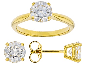 Picture of Moissanite 14k Yellow Gold Over Silver Ring And Stud Earrings Jewelry Set 3.60ctw DEW