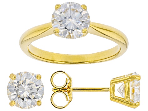 Moissanite 14k Yellow Gold Over Silver Ring And Stud Earrings Jewelry Set 3.60ctw DEW