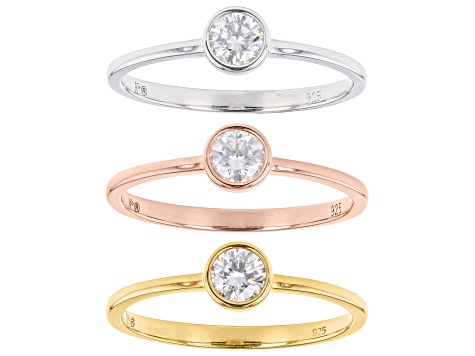 Moissanite Platineve and 14k rose and yellow gold over sterling silver ring set of three .69ctw DEW