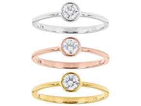 Moissanite Platineve and 14k rose and yellow gold over sterling silver ring set of three .69ctw DEW