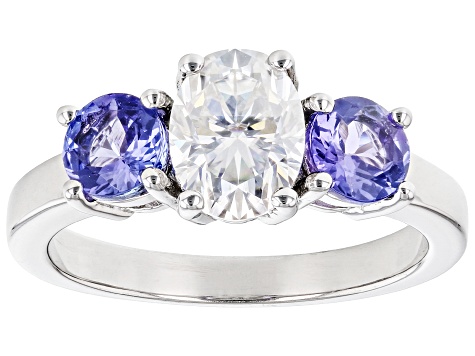 Moissanite And Tanzanite Platineve Three Stone Ring 1.50ct DEW