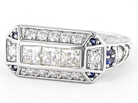 Moissanite And Blue Sapphire Platineve Ring 1.41ctw