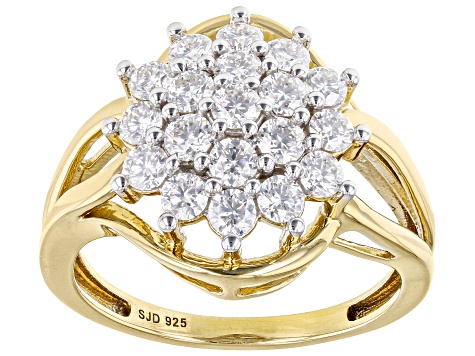 Moissanite 14k yellow gold over sterling silver cluster ring 1.02ctw DEW