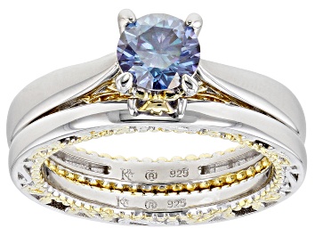 Picture of Blue moissanite platineve and 14k yellow gold over silver ring and band .80ct DEW