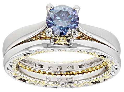 Blue moissanite platineve and 14k yellow gold over silver ring and band .80ct DEW