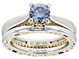 Blue moissanite platineve and 14k yellow gold over silver ring and band .80ct DEW