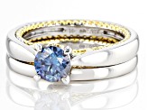 Blue moissanite platineve and 14k yellow gold over silver ring and band .80ct DEW