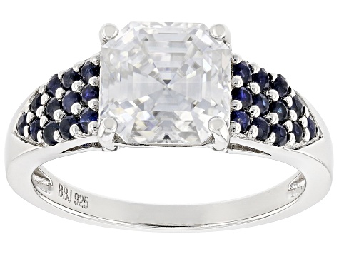 Moissanite And Blue Sapphire Platineve Ring 2.96ct DEW.