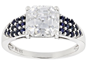 Moissanite And Blue Sapphire Platineve Ring 2.96ct DEW.