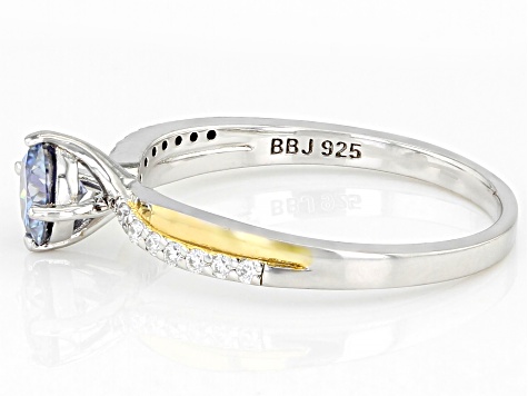 Blue and Colorless Moissanite Platineve And 14k Yellow Gold Over Silver Ring .74ctw DEW.
