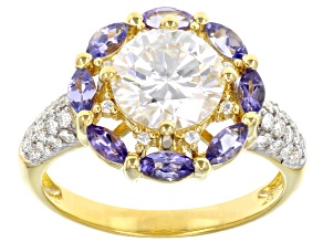 Moissanite And Tanzanite 14k Yellow Gold Over Silver Ring 2.30ctw DEW