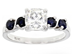 Moissanite And Blue Sapphire Platineve Ring 1.30ct DEW.