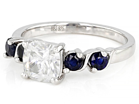 Moissanite And Blue Sapphire Platineve Ring 1.30ct DEW.