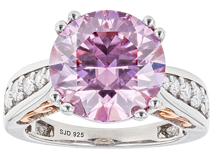 Pink And Colorless Moissanite Platineve And 14k Rose Gold