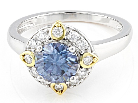 Blue and colorless moissanite platineve and 14k yellow gold over silver ring 1.56ctw DEW