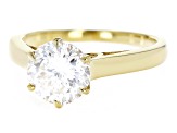 Moissanite Inferno cut 14k yellow gold over sterling silver solitaire ring 2.17ct DEW.