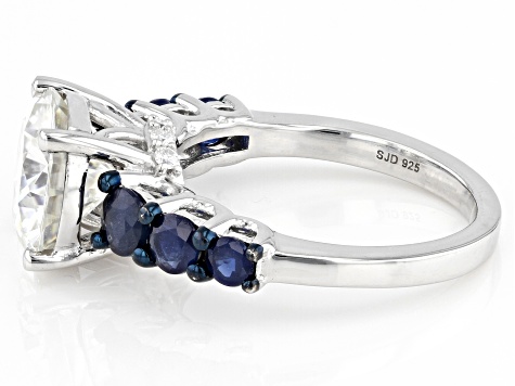 Moissanite and blue sapphire platineve ring 3.76ctw DEW