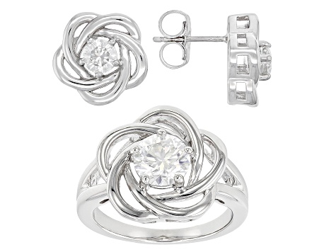 Moissanite Platineve Ring And Earring Set 2.20ctw DEW